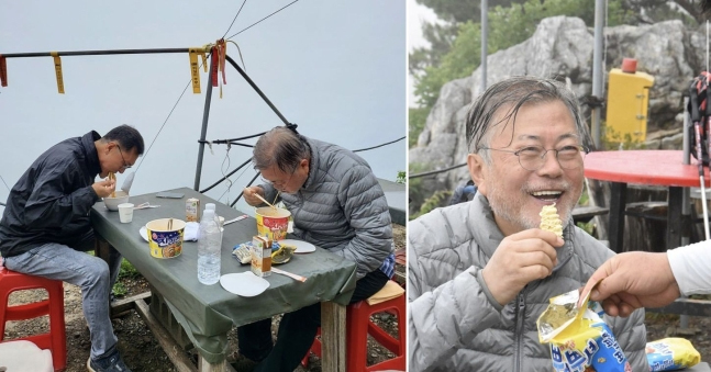 「ヒマラヤではありません」…文前大統領、山でカップ麺食べる写真公開