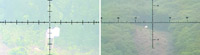 ▲従来の観測鏡と2000万ウォンする多機能観測鏡－昨年から一線部隊に配備されている新型多機能観測鏡で捕捉した目標物（右の写真）と、従来の観測鏡で同じ目標物を捉えたときの様子（左の写真）。拡大倍率が低い多機能観測鏡は、従来の機器より目標が小さく見える。／写真＝韓国国会 