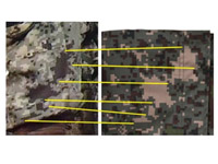 ▲韓国軍が使用中の新型デジタル・ピクセル戦闘服（左）と北朝鮮が今月14日に行った軍事パレードで登場したピクセル戦闘服。白い四角の部分ではピクセルの特定部分が一致する。／韓国国防部、朝鮮中央通信、聯合ニュース 