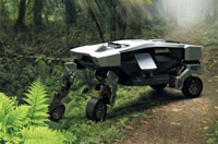 ▲平らな場所では車輪、険しい場所では足で－－。現代自が10日に公開した変身ロボット自動車「タイガー」のコンセプトカー。平地では四輪駆動で走り、険しい場所ではロボットに変身して4本足で歩く。／現代自動車提供