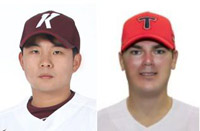 ▲写真左からキウム・ヒーローズのソン・ウヒョン、起亜タイガースのアーロン・ブルックス 