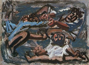 ▲李仲燮が1956年に制作した「父と2人の息子」（30×41センチ）。美術館の壁に2カ月近く、上下逆さまに掛けられていた。／写真＝国立現代美術館李健煕コレクション