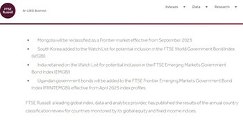 ▲韓国の世界国債指数（WGBI）観察対象国（ウォッチリスト）入りを知らせるFTSEの報道資料。
