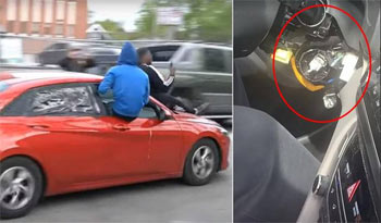 ▲起亜車窃盗狙う「起亜ボーイズ」と見られる少年たちが盗んだ車の上に乗っている様子＝写真左＝と、「起亜ボーイズ」の犯行の手口に従って「キーホール」周りのカバーが外された様子。写真＝ユーチューブ