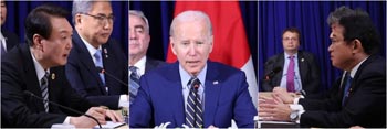 ▲カンボジアのプノンペン市内にあるホテルで開催された韓米日首脳会談に出席した（左から）尹錫悦（ユン・ソンニョル）大統領、米国のバイデン大統領、日本の岸田文雄首相。13日（現地時間）撮影。／聯合ニュース
