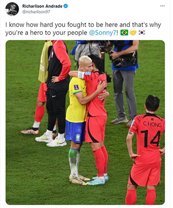 カタールW杯：ブラジル代表FW、親友ソン・フンミンをハグ…ツイッターには「君は英雄」