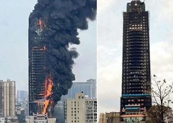 ▲チャイナテレコムビル火災発生当時の写真（左）と鎮火後（右）／聯合ニュース

