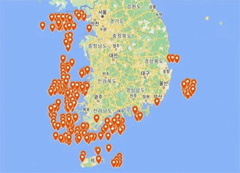 ▲今年6月までに韓国海洋水産部が許可した風況計測器（計218台）の場所を示す地図　／パク・スヨン議員室提供