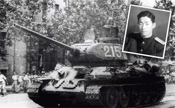 ▲6・25戦争が始まってわずか3日でソウルを占領した朝鮮人民軍の戦車が、ソウル市内を通過している様子。鄭律成（右上の小さな写真）は「占領ソウル」を人民軍将校として歩き回っていた。／写真＝朝鮮日報DB・デザインラボ編集