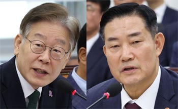 ▲韓国野党・共に民主党の李在明（イ・ジェミョン）代表と韓国国防部（省に相当）の申源湜（シン・ウォンシク）長官