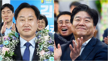 ▲共に民主党公認で韓国国会議員選挙に当選した金俊ヒョク（キム・ジュンヒョク）氏＝写真左＝と梁文錫（ヤン・ムンソク）氏＝同右＝。写真＝news 1
