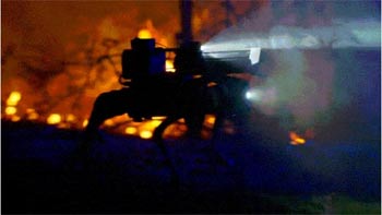 ▲闇夜にライトとレーザーを利用して周辺を探索しているロボット犬の様子。／スローフレームのユーチューブ