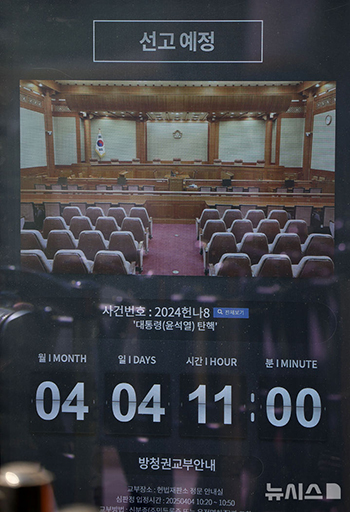 憲法裁判所のスクリーンに表示された尹錫悦大統領の弾劾審判宣告の案内