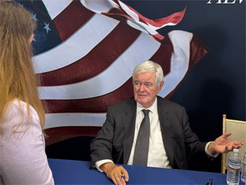 ▲ニュート・ギングリッチ元米連邦議会下院議長。米ワシントンのアメリカ第一政策研究所（AFPI）で18日撮影。／ワシントン＝金隠仲（キム・ウンジュン）特派員