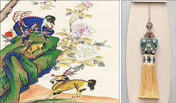 ▲中国を国賓訪問中の李在明（イ・ジェミョン）大統領は5日、習近平国家主席夫妻に「麒麟（きりん）図」を贈った。絵の中の麒麟は天下太平と子孫繁栄の象徴だ。右の写真は七宝のイ・スギョン名人が製作した「探花ノリゲ」。花を探して羽ばたくチョウの姿を七宝技法で表現した作品だ。写真＝青瓦台（韓国大統領府）