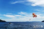 夏の海の上を飛ぶパラセーリング